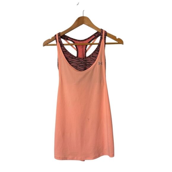 Under Armour Open-Back Tank Top Peach Black Built-In Sports Bra Workout Sz Small - Picture 1 of 8